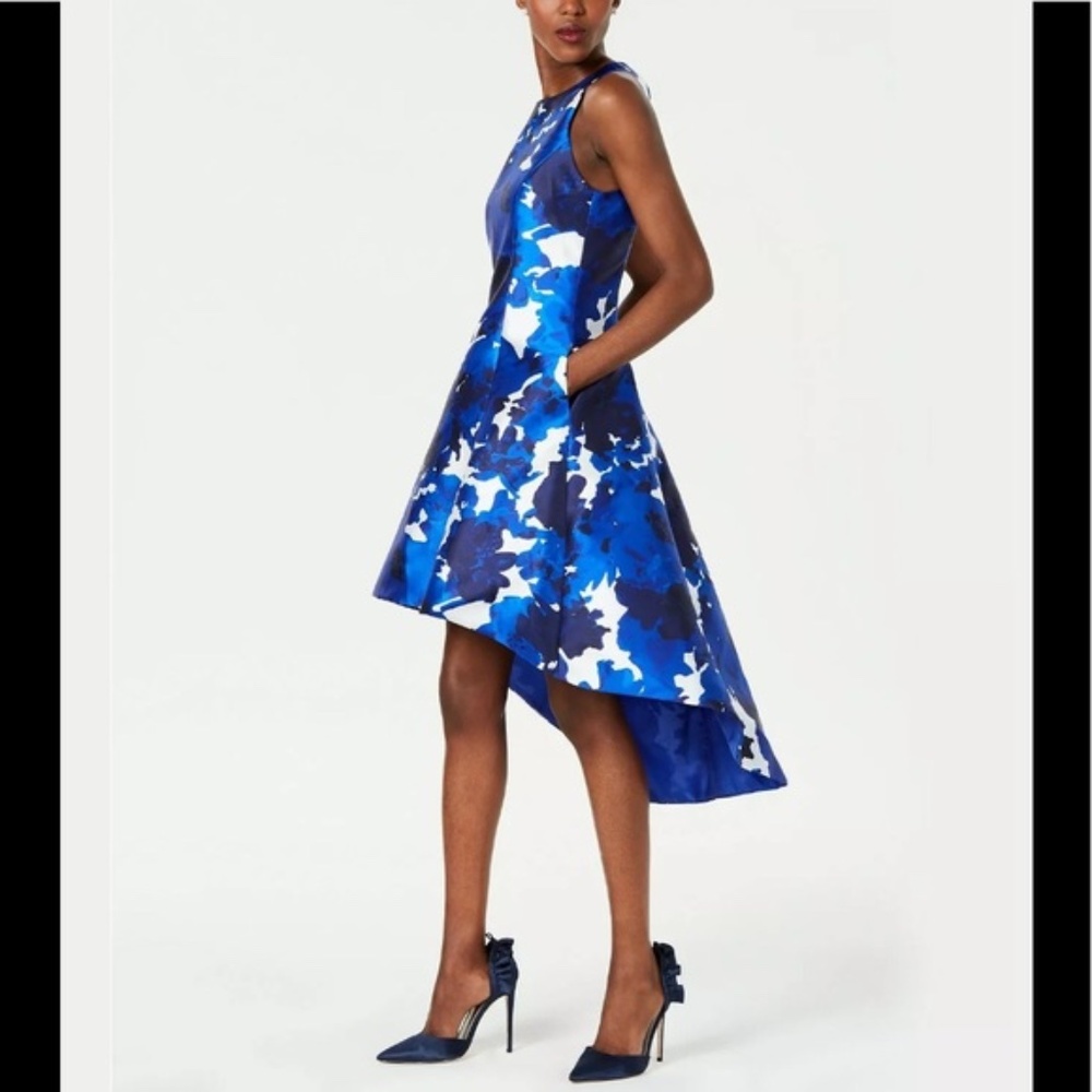 TAHARI High Low Floral Abstract Dress Peony Blue sz 14